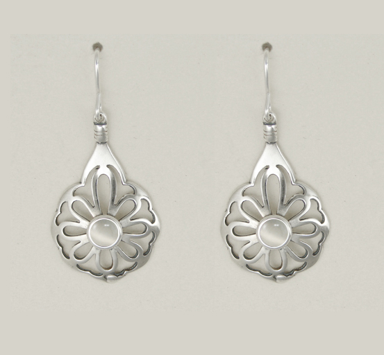 Sterling Silver Drop Dangle Flower Earrings With White Moonstone